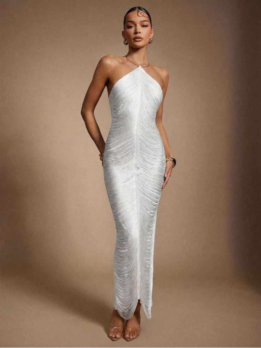 White Halter Fringe Column Dress